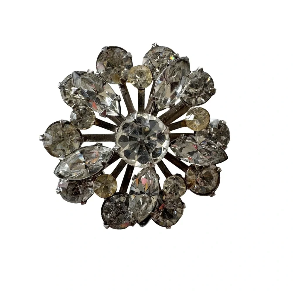 Vintage 1950s Diamante Rhinestone Pinwheel Brooch Rhodium Plated Silver Tone Pin